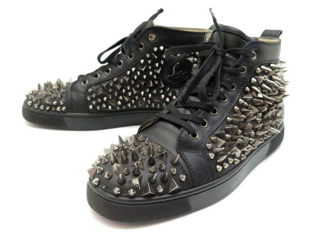 Christian Louboutin Black Leather Louis Spikes High Top Sneakers