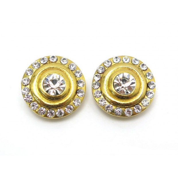 NEUF VINTAGE BOUCLES D OREILLES CHANEL RONDES EN METAL DORE & STRASS EARRINGS