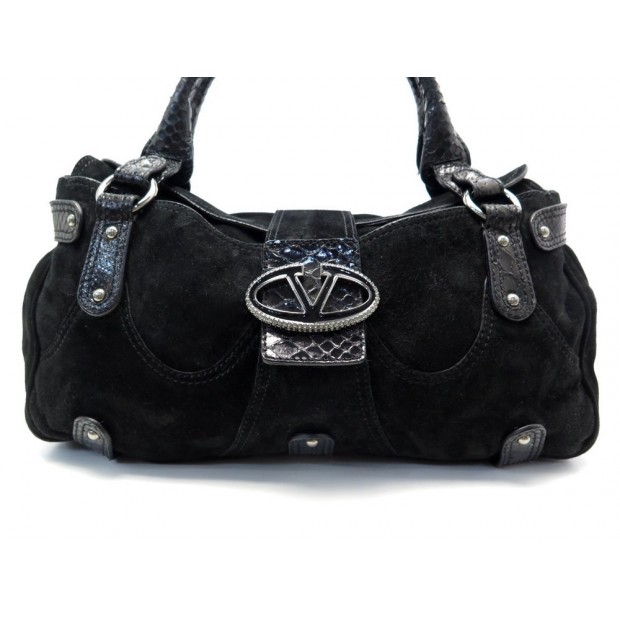 NEUF SAC A MAIN VALENTINO LOGO EN DAIM ET PYTHON NOIR SUEDE LEATHER HAND BAG