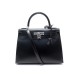 SAC A MAIN HERMES KELLY 28 SELLIER CUIR BOX NOIR PALLADIE BANDOULIERE HAND BAG