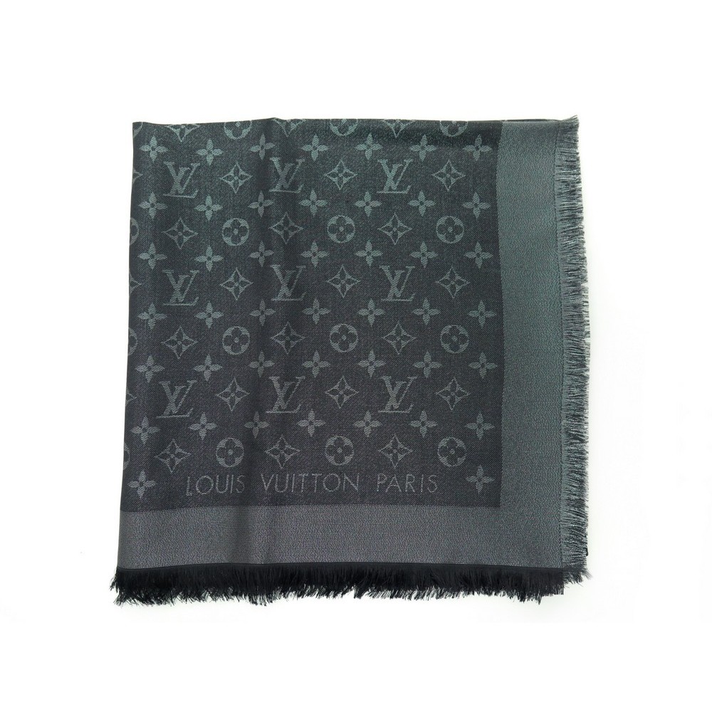 Authentic LOUIS VUITTON So Shine Black Silver Monogram Shawl Scarf M75123  New