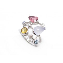 BAGUE T 50 EN OR BLANC 18K 7.5GR SERTIE PIERRES & DIAMANTS 0.09CT DIAMONDS RING