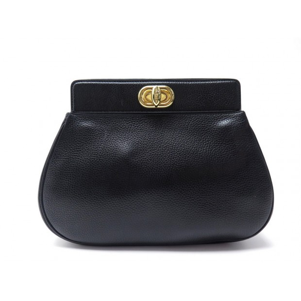 SAC POCHETTE A MAIN DELVAUX EN CUIR GRAINE NOIR 27 CM BLACK LEATHER CLUTCH