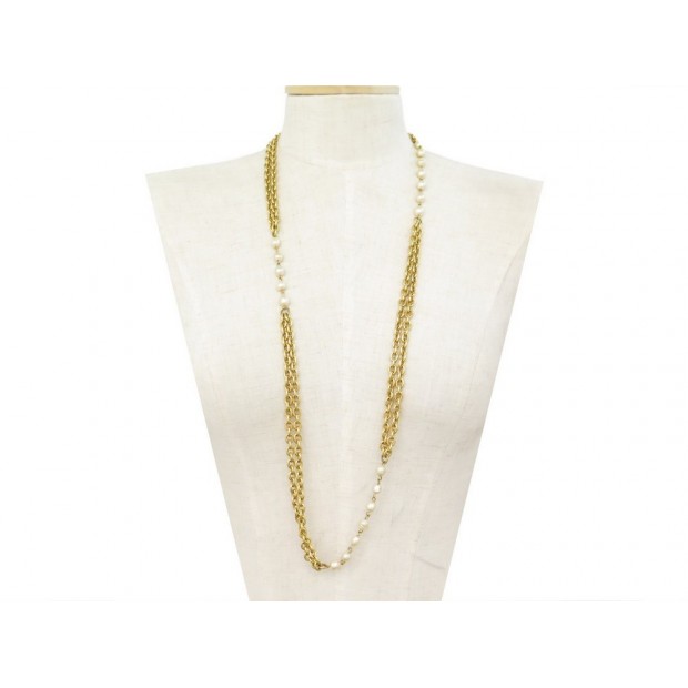 VINTAGE COLLIER CHANEL SAUTOIR 97 CM METAL DORE ET PERLES GOLDEN NECKLACE 1150€