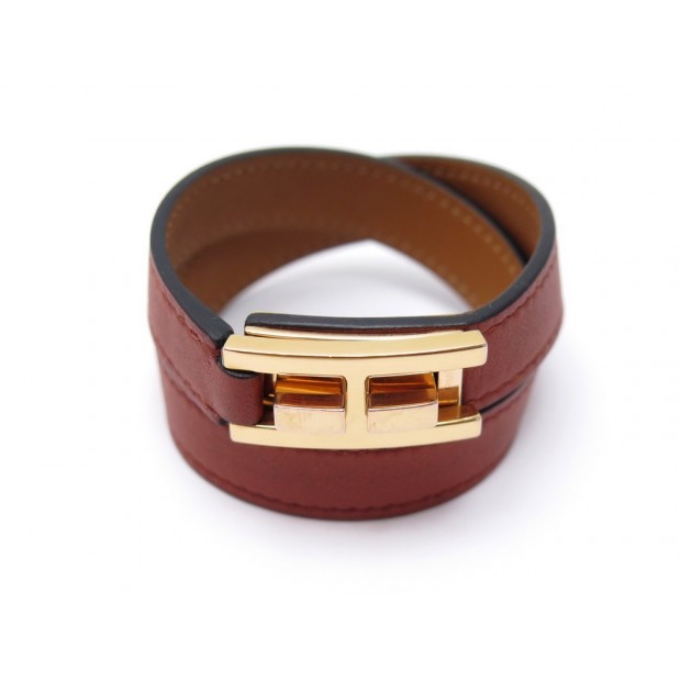 BRACELET HERMES DRAG DOUBLE TOUR T15 METAL DORE CUIR SWIFT & BOUCLE DOREE 535€