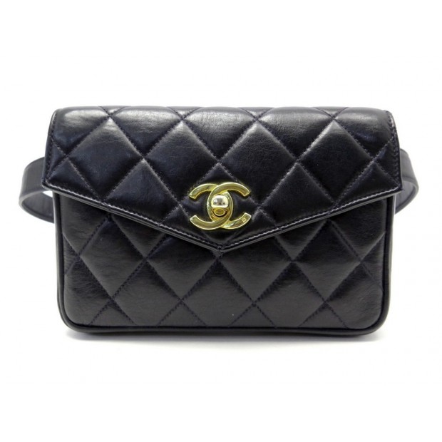 SAC CHANEL TIMELESS LOGO CC PORTE CEINTURE BANANE CUIR MATELASSE BLEU BELT BAG