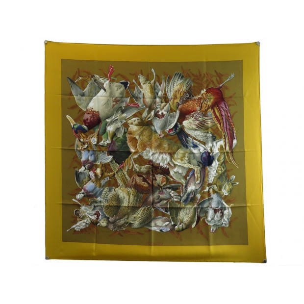 NEUF FOULARD HERMES GIBIERS HENRI DE LINARES CARRE 90 EN SOIE SILK SCARF 375€