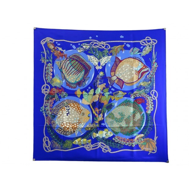 NEUF FOULARD HERMES GRANDS FONDS ANNIE FAIVRE CARRE 90 SOIE BLEU SILK SCARF 375€