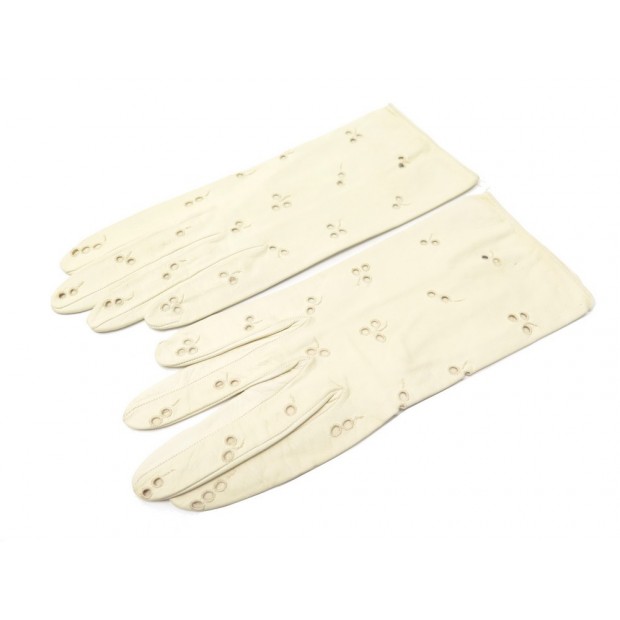 NEUF VINTAGE GANTS HERMES AJOURES EN CUIR BEIGE TAILLE 7 LEATHER GLOVES 580€