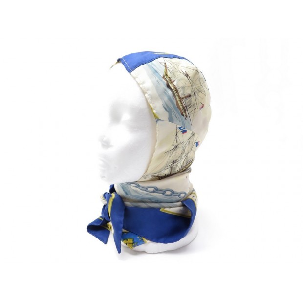 VINTAGE FOULARD DE TETE HERMES TURBAN LA MARINE EN BOIS CARRE SOIE HEAD SCARF