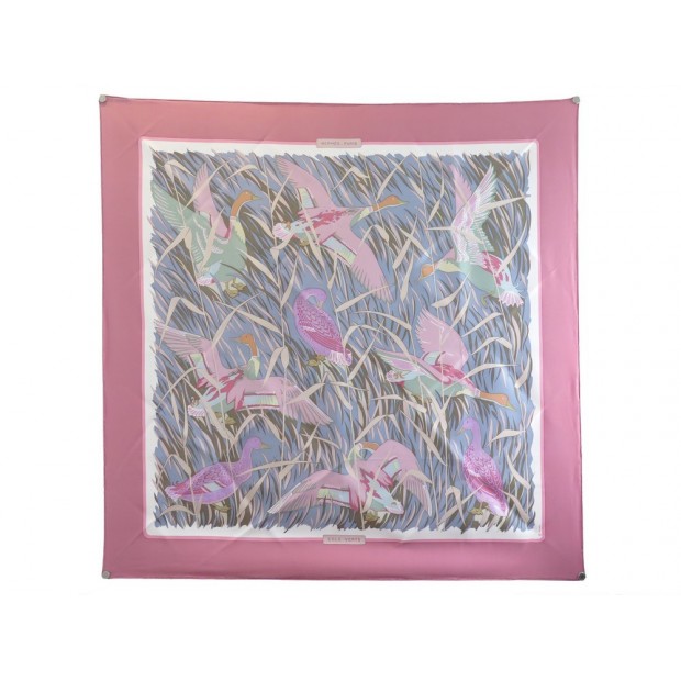 FOULARD HERMES COLS VERTS CARRE 90 VAUZELLES SOIE ROSE + BOITE SILK SCARF 375€