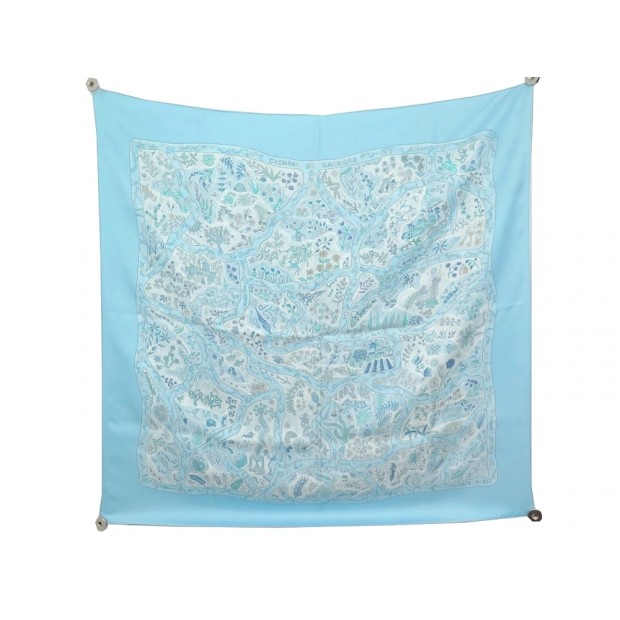 FOULARD HERMES CHEMINS DE CARRIGUE PAR CHRISTINE HENRY EN SOIE BLEU SCARF 375€