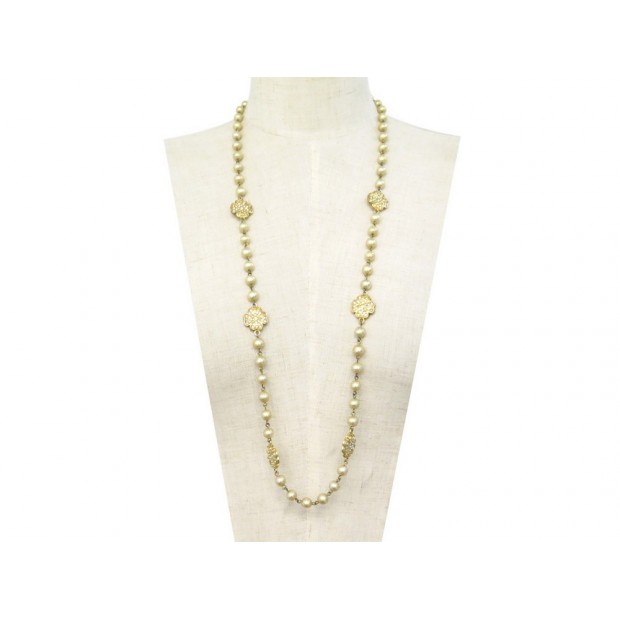 COLLIER CHANEL SAUTOIR PERLES ET TREFLES 90 CM METAL DORE PEARLS NECKLACE 1150€