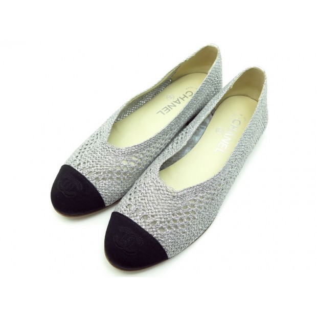 NEUF CHAUSSURES CHANEL BALLERINES LOGO CC 39 TOILE ARGENTE SILVER SHOES 670€