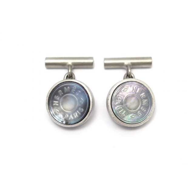 BOUTONS DE MANCHETTES HERMES CLOU DE SELLE METAL ARGENTE & NACRE CUFFLINKS 395€