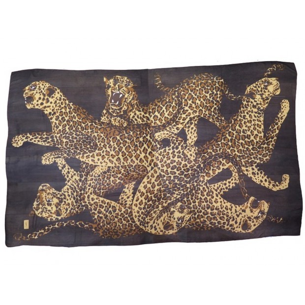 CHALE YVES SAINT LAURENT FIGTHTING LEOPARDS ETOLE PAREO FOULARD 140X235CM SOIE