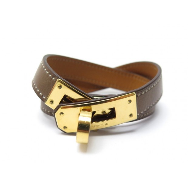 BRACELET HERMES KELLY DOUBLE TOUR DORE EN CUIR SWIFT MARRON 17 CM + BOITE 455€