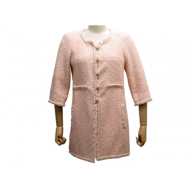 VESTE LONGUE CHANEL P30499 BOUTON LOGO CC & PERLES M 38 TWEED ROSE JACKET 4200€