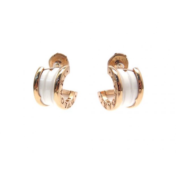 NEUF BOUCLES D OREILLES BULGARI B.ZERO 1 346464 OR ROSE CERAMIQUE BLANCHE 2800€