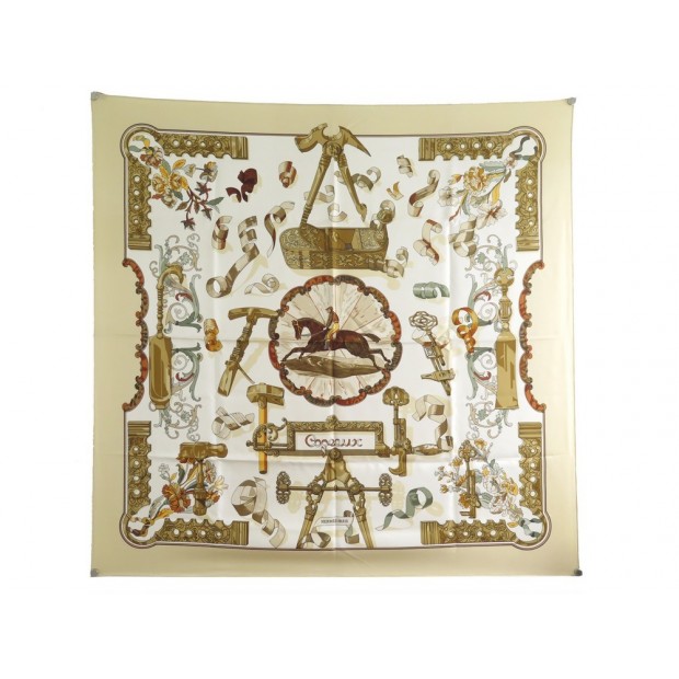 FOULARD HERMES COPEAUX CARRE 90 LATHAM EN SOIE BEIGE + BOITE SILK SCARF 375€