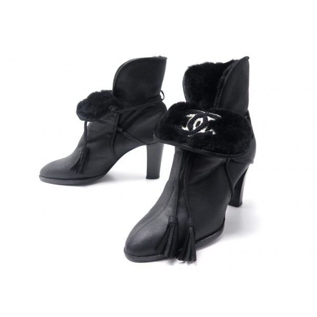 NEUF CHAUSSURES CHANEL BOTTINES FOURREES EN CUIR MOUTON NOIR BOOTS SHOES 995€