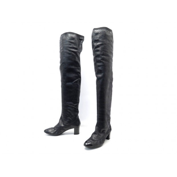 NEUF CHAUSSURES CHANEL BOTTES CUISSARDES 39 EN CUIR PYTHON NOIR BOOTS 3500€