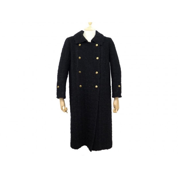 VINTAGE MANTEAU LONG CHANEL BOUTONS LOGO CC M 40 EN TWEED NOIR COAT JACKET 5800€