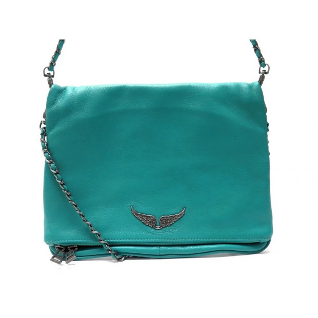 NEUF SAC A MAIN ZADIG & VOLTAIRE ROCK XL BANDOULIERE CUIR TURQUOISE HANDBAG 390€