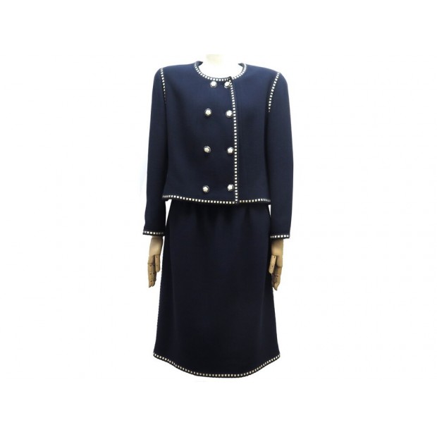 NEUF TAILLEUR CHANEL VESTE ET JUPE CAMELIA T44 L EN LAINE BLEU MARINE SUIT 6500€