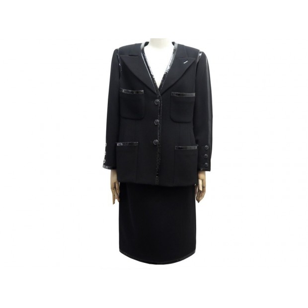 NEUF TAILLEUR CHANEL VESTE ET JUPE CAMELIA T44 L EN LAINE NOIR WOOL SUIT 6500€