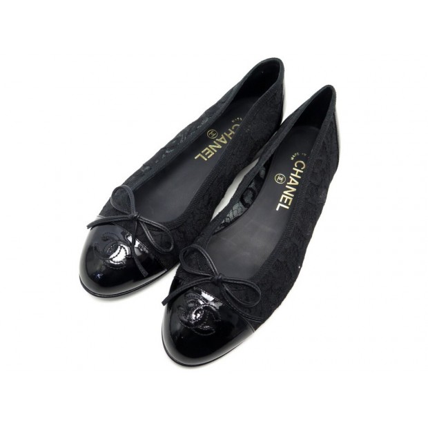 NEUF CHAUSSURES CHANEL BALLERINES LOGO GG 37 DENTELLE TOILE CUIR NOIR SHOES 670€