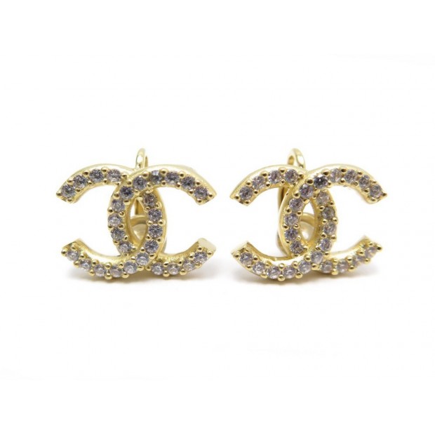 NEUF BOUCLES D'OREILLES CHANEL LOGO CC STRASS EN METAL DORE NEW EARRINGS 390€