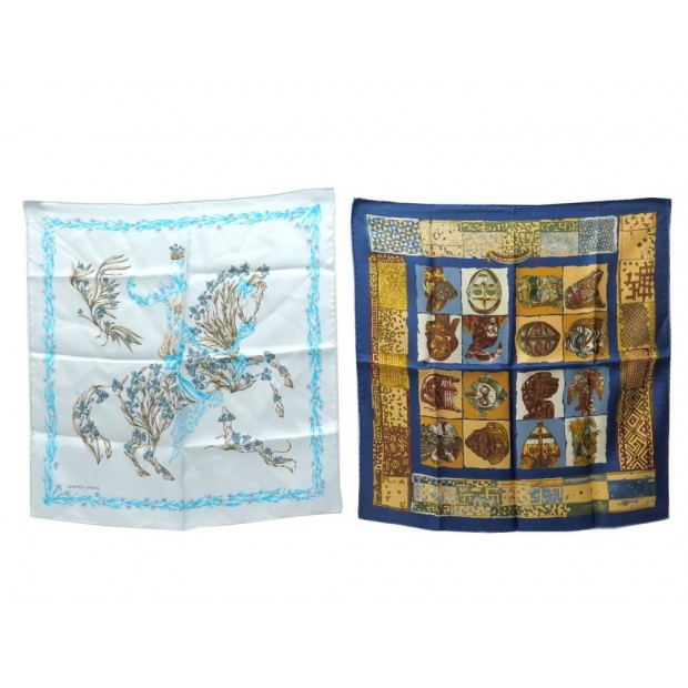 LOT 2 FOULARDS GAVROCHES HERMES PERSONA ET CHEVAL FLEURI EN SOIE SCARF 350€