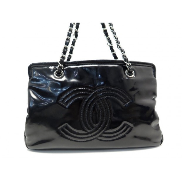 SAC A MAIN CHANEL SHOPPING EN CUIR VERNIS NOIR LOGO CC LEATHER HAND BAG 3500€