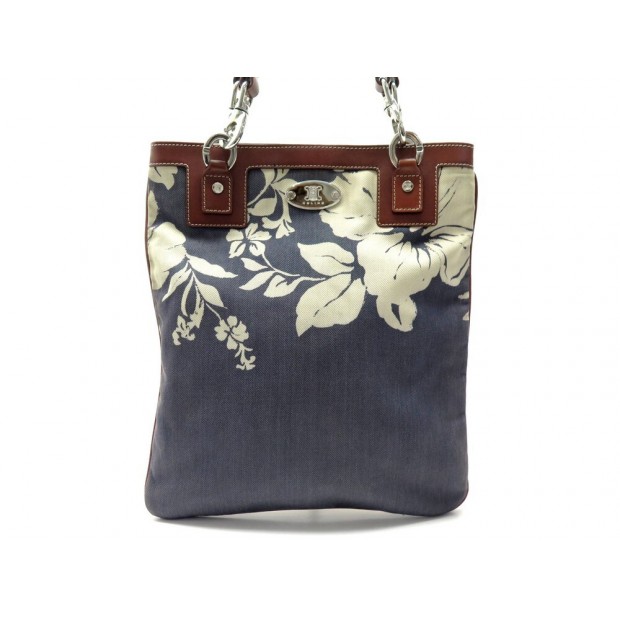 SAC A MAIN CELINE EN DENIM BLEU ET CUIR MARRON CANVAS AND LEATHER HANDBAG