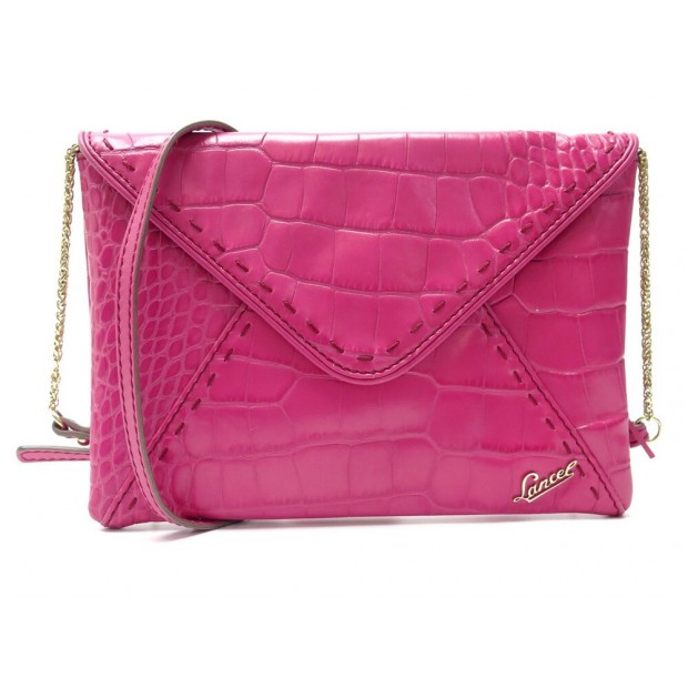 SAC A MAIN LANCEL POCHETTE ENVELOPPE A05340 BANDOULIERE EN CUIR FACON CROCO ROSE