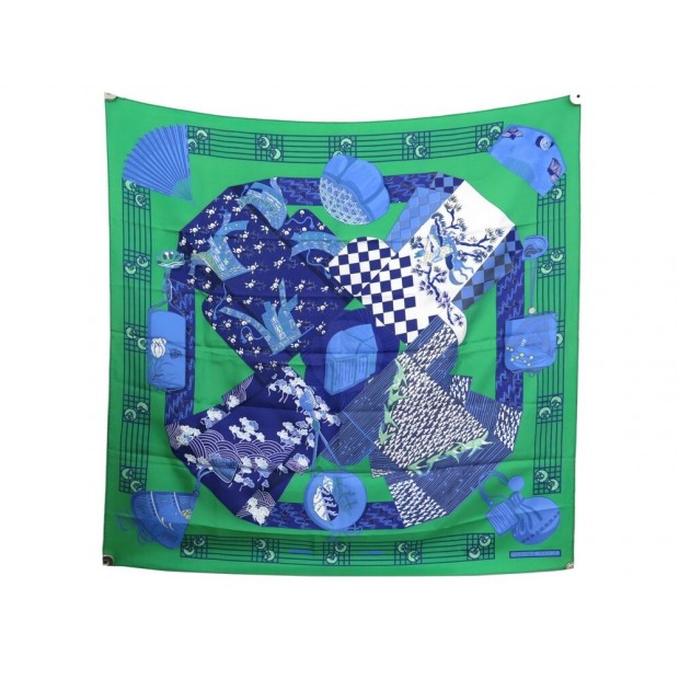 FOULARD HERMES KIMONOS ET INROS CARRE 90 FAIVRE EN SOIE VERT SILK SCARF 375€