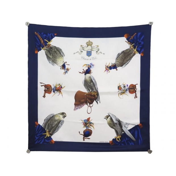 FOULARD HERMES CHASSE A VOL PAR HENRI DE LINARES EN SOIE BLEU SILK SCARF 375€