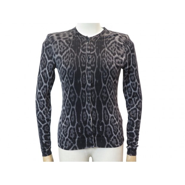 NEUF GILET YVES SAINT LAURENT CARDIGAN LEOPARD S 36 CACHEMIRE SOIE VEST 690€