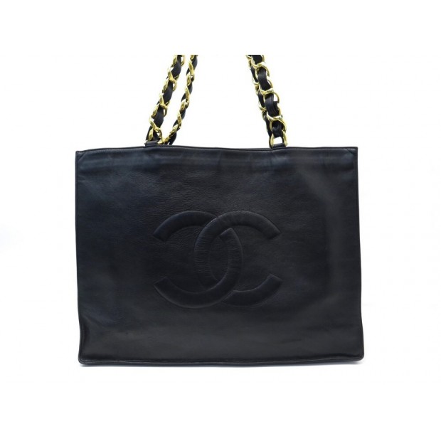 VINTAGE SAC A MAIN CHANEL CABAS SHOPPING CUIR NOIR LEATHER HAND TOTE BAG 3500€