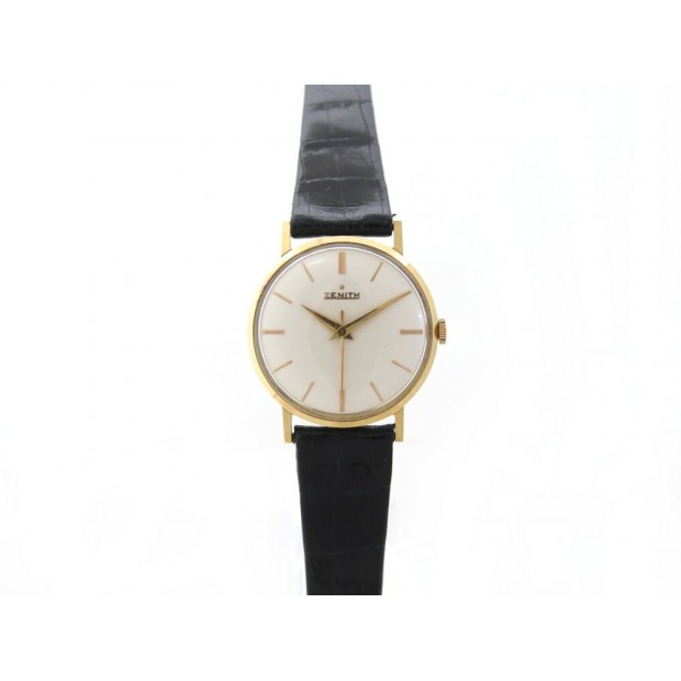 VNTAGE NEUF MONTRE ZENITH 31 MM MECANIQUE EN OR JAUNE 18K ET CUIR NOIR WATCH