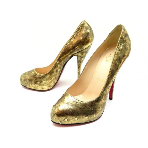 NEUF CHAUSSURES CHRISTIAN LOUBOUTIN 37 ESCARPINS CUIR AUTRUCHE DORE PUMP 1380€