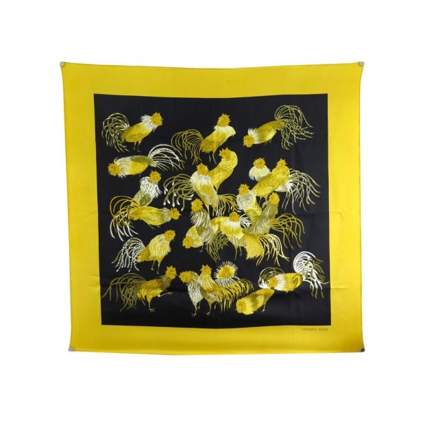 VINTAGE FOULARD HERMES JEUNES COQS MADAME DE LA TORRE SOIE JAUNE SILK SCARF 375€