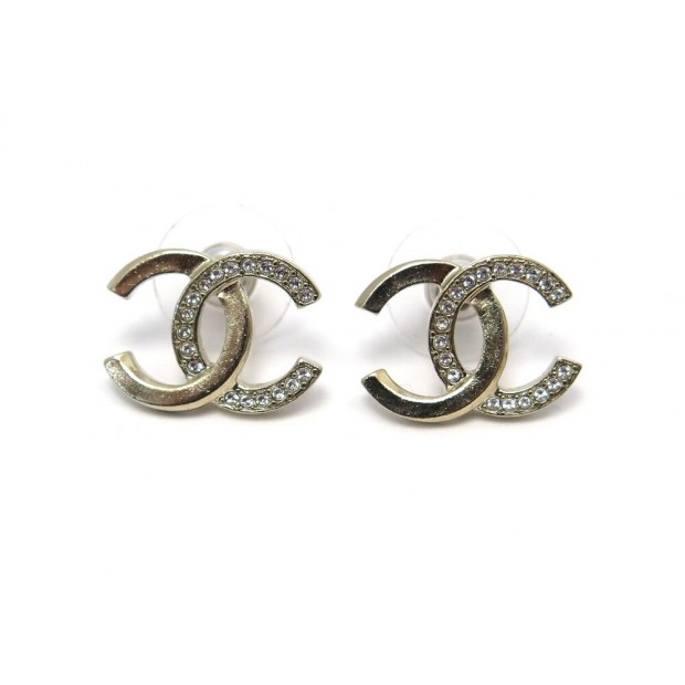 NEUF BOUCLES D'OREILLES CHANEL LOGO CC STRASS METAL DORE + BOITE EARRINGS 350€