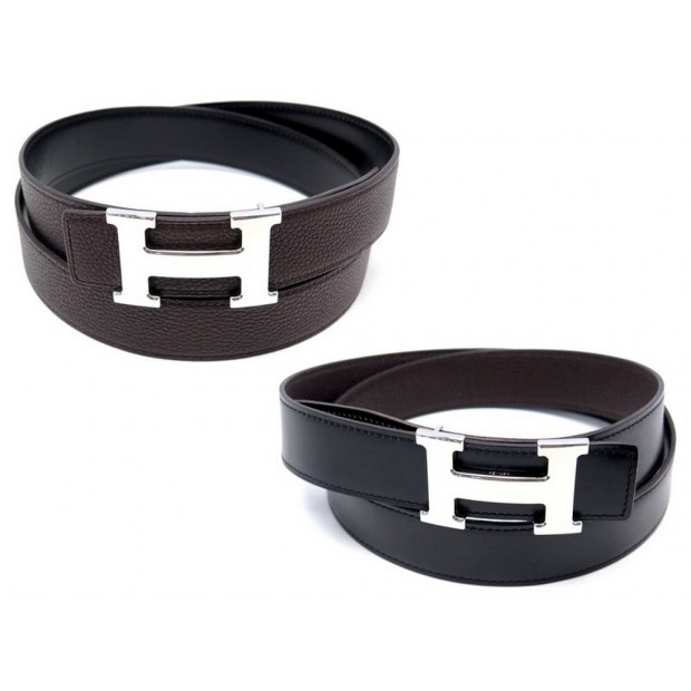 CEINTURE HERMES BOUCLE H ET LIEN REVERSIBLE T95 CUIR BOX NOIR & TOGO MARRON 640€