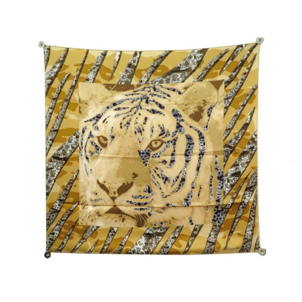 NEUF FOULARD CARTIER PANTHERE CARRE 90 EN SOIE CAMEL NEW SILK SCARF 355€