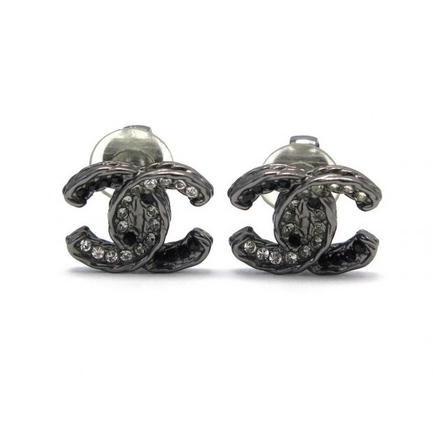 NEUF BOUCLES D'OREILLES CHANEL LOGO CC STRASS EN METAL NOIR NEW EARRINGS 390€