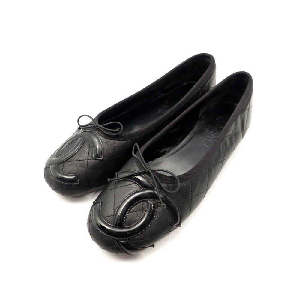 $1075 New Chanel Black Patent Leather PEARLS CC Ballerina Flats Shoes 40.5  37