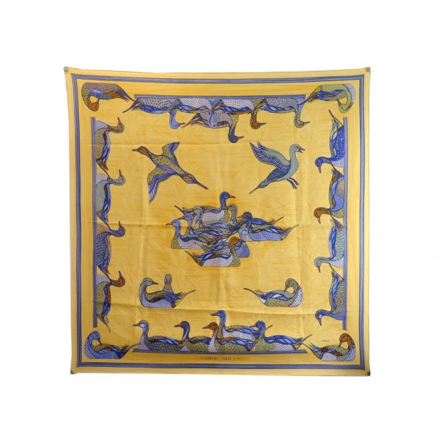 VINTAGE FOULARD HERMES LA MARE AUX CANARDS DAPHNE DUCHESNE SOIE JAUNE SCARF 375€