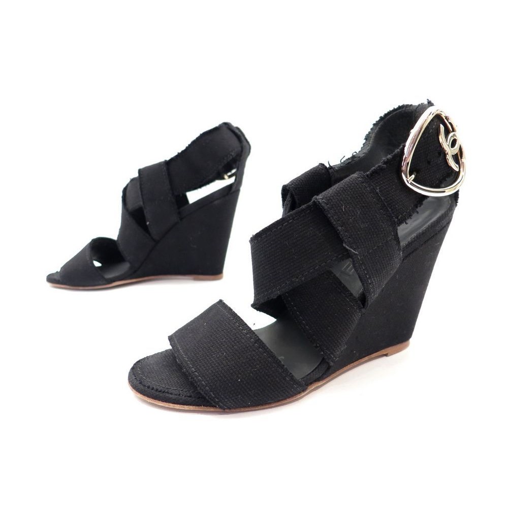 CHANEL SHOES WEDGE SANDALS G26744 39.5 BLACK LEATHER SHOES ref